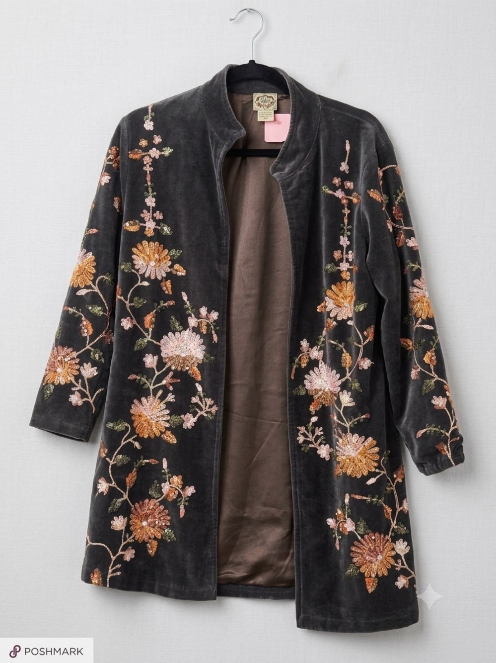 Embroidered Velvet Long Coatigan - Olive Green